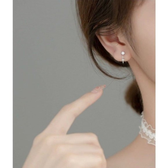 Silver Asymmetry Cross Drop studs Earrings-ECZ029 - Picture 3 of 9